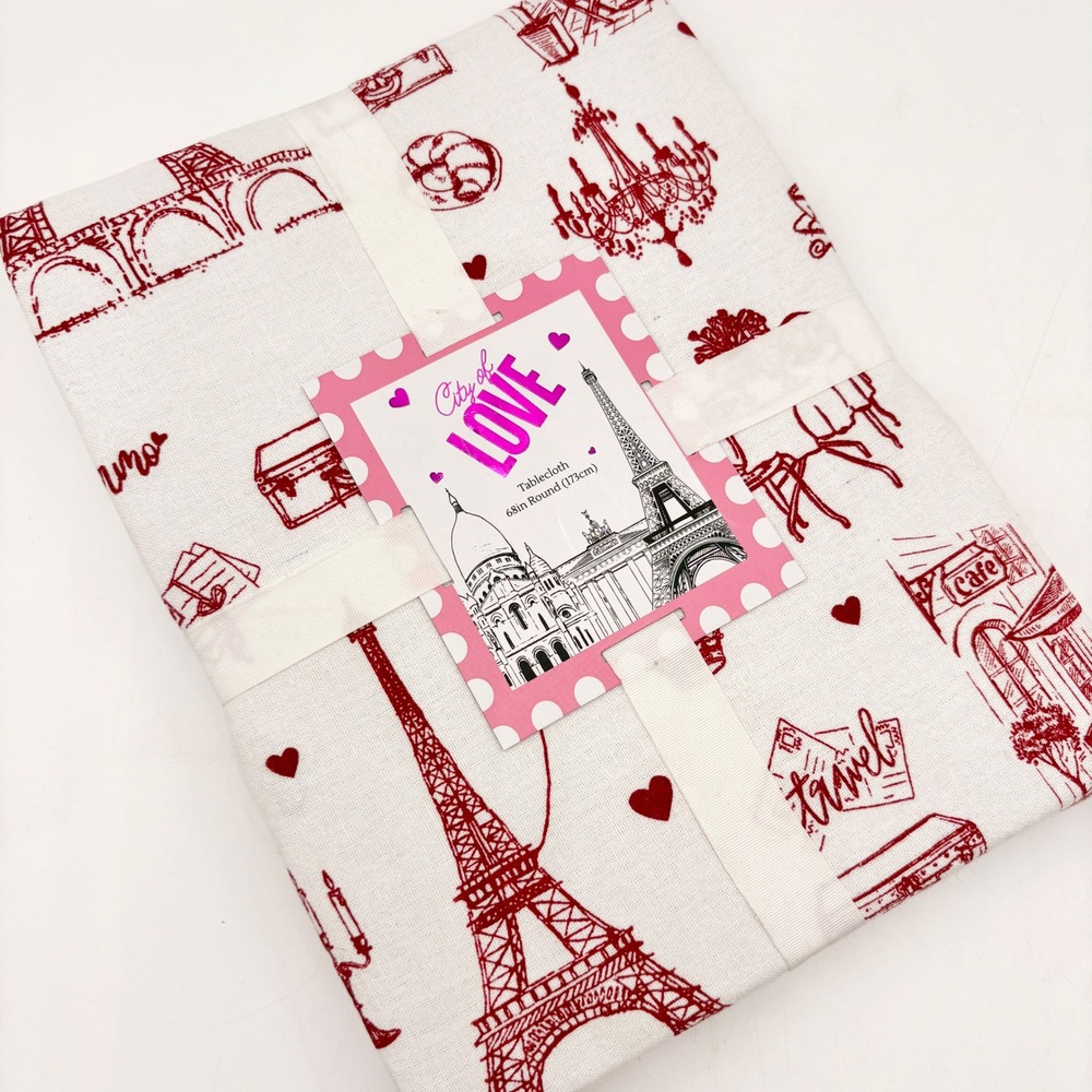 Mireille Designs Paris City of Love Round Tablecloth‎ 68in Red White Toile Print